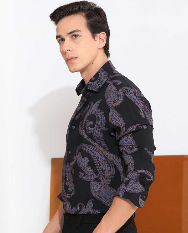Rare Rabbit Men's Zeus Black Viscose Fabric Full Sleeves Paisley Print Shirt