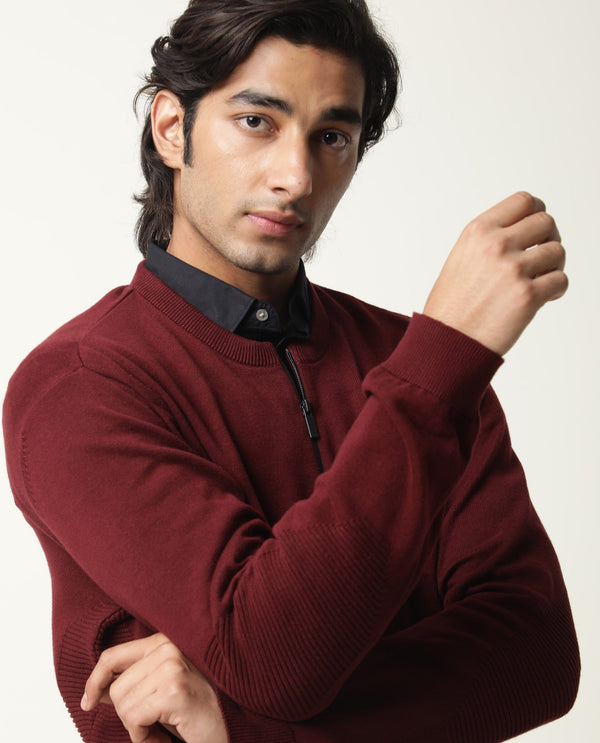 Rare Rabbit Men'S Rumbled Maroon Sweater Cotton Fabric Full Sleeves Zipper Closure Slim Fit