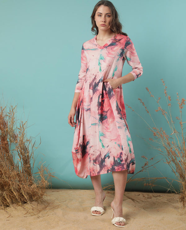 Rareism Women Park Multi Abstract Ruffled V Neck 3/4 Sleeves With Pockets Asymmetrical Midi Dress