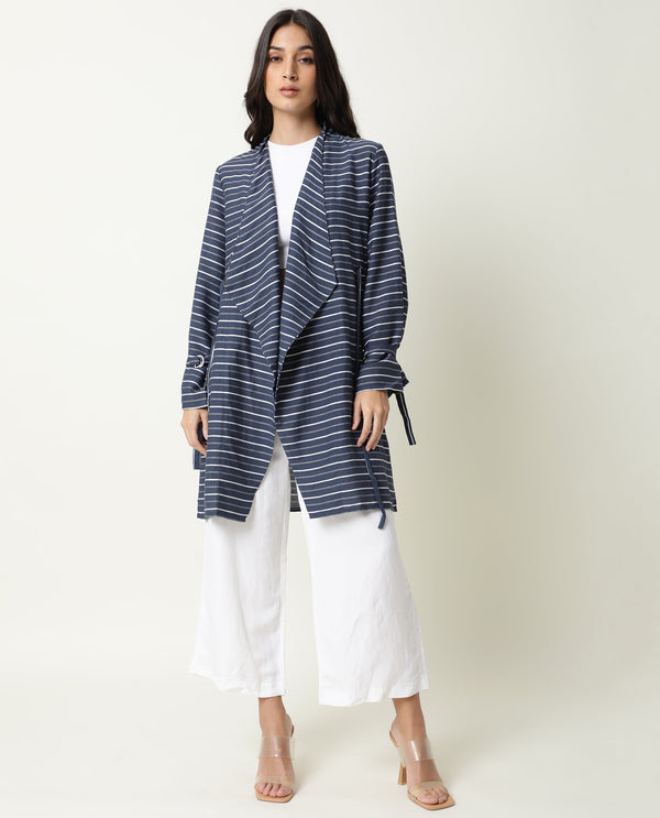 Rareism Womens Greece Navy Outer Wear Viscose Nylone Fabric Oversized Fit Full Sleeve V Neck