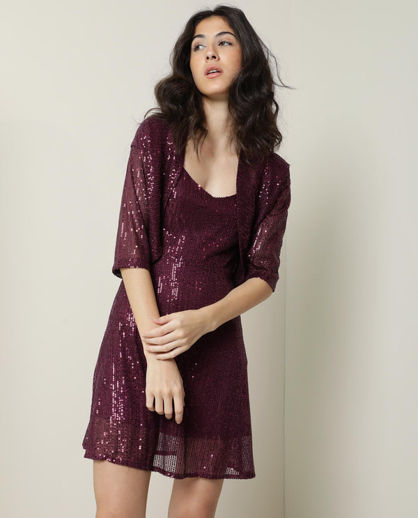 Rareism Women Agog Dark Maroon Nylon Fabric 3/4Th Sleeves Solid Collarless Knee Length Shrug