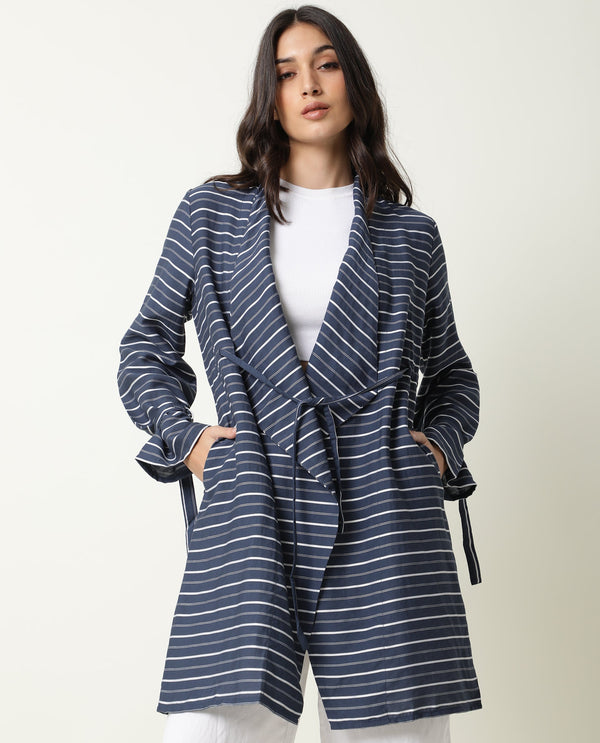 Rareism Womens Greece Navy Outer Wear Viscose Nylone Fabric Oversized Fit Full Sleeve V Neck