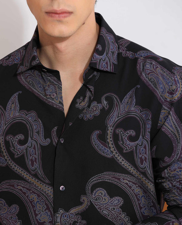 Rare Rabbit Men's Zeus Black Viscose Fabric Full Sleeves Paisley Print Shirt