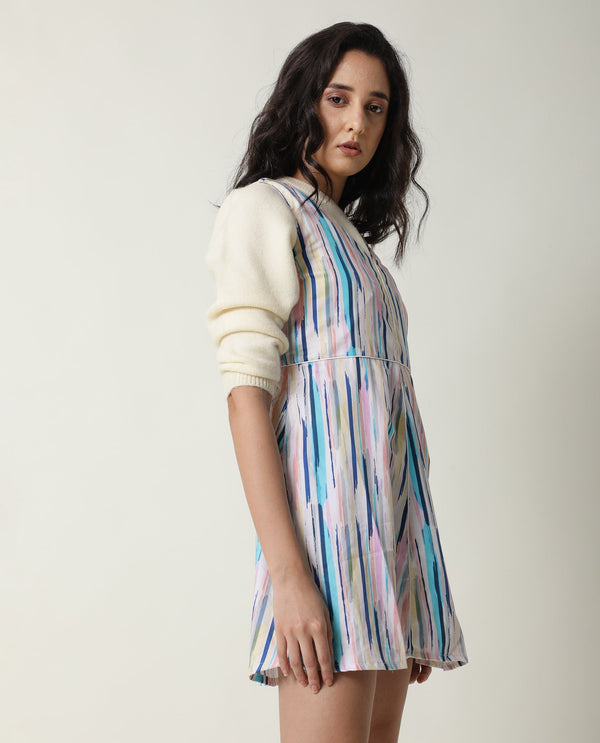 Rareism Women Nano Multi Striped V Neck Sleeveless With Pockets Mini Dress