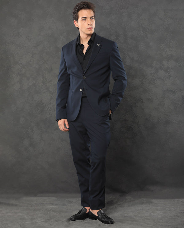 Rare Rabbit Men's Zanza Navy Polyester Viscose Fabric Notch Lapel Button Closure Single Breasted Textured Suits