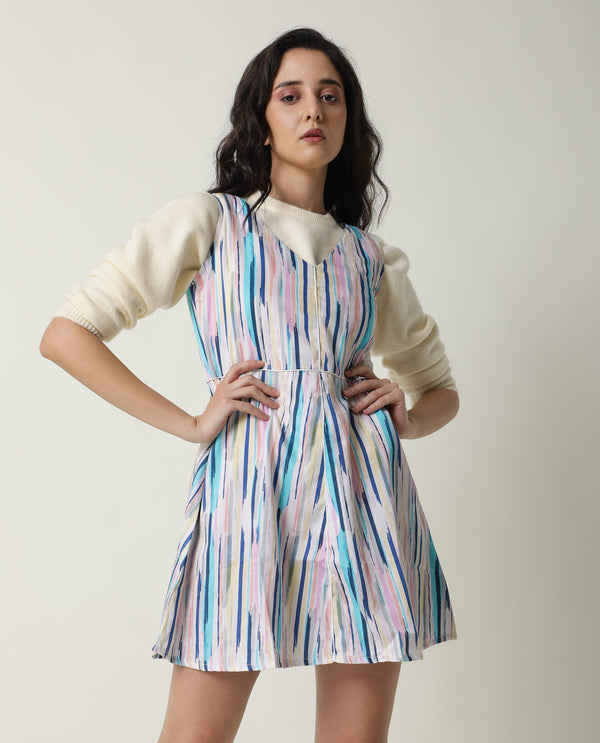 Rareism Women Nano Multi Striped V Neck Sleeveless With Pockets Mini Dress
