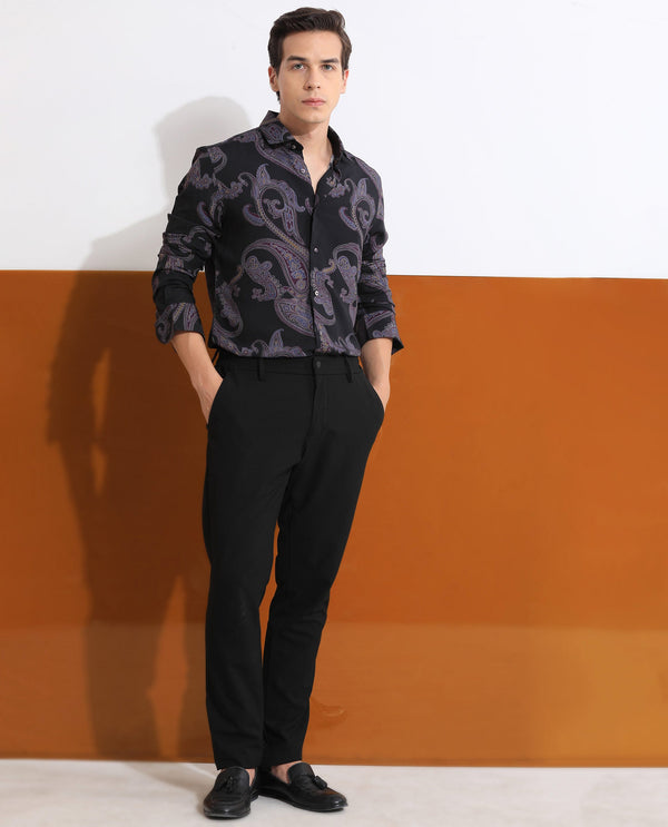 Rare Rabbit Men's Zeus Black Viscose Fabric Full Sleeves Paisley Print Shirt