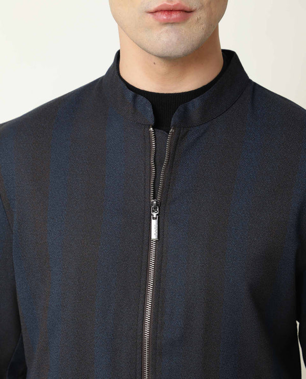 Rare Rabbit Men's Oniot Petrol Striped Band Collar Smart Jacket