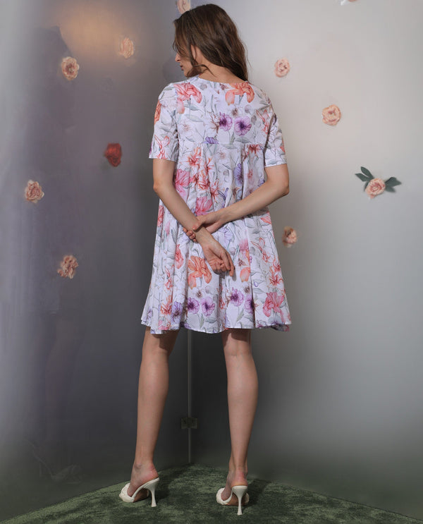Rareism Women's Paola Multi Cotton Fabric Lapel Neck Slip-On Closure Half Sleeve Floral Print Flared Knee Length Dress