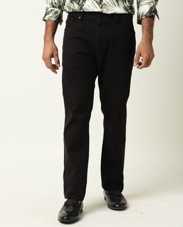 Rare Rabbit Men's Spoke-22 Black Solid Mid-Rise Regular Fit Trouser