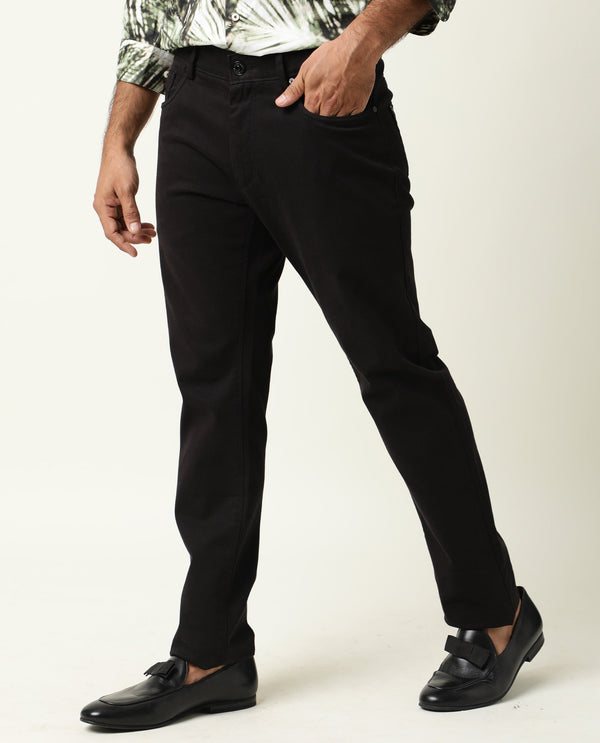 Rare Rabbit Men's Spoke-22 Black Solid Mid-Rise Regular Fit Trouser