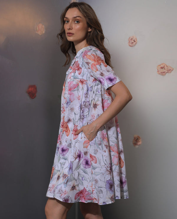 Rareism Women's Paola Multi Cotton Fabric Lapel Neck Slip-On Closure Half Sleeve Floral Print Flared Knee Length Dress