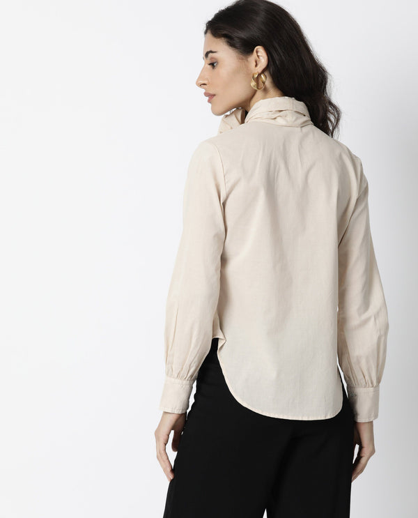 Rareism Womens Flame Beige Top Cotton Fabric Full Sleeves Tie Up Neckline