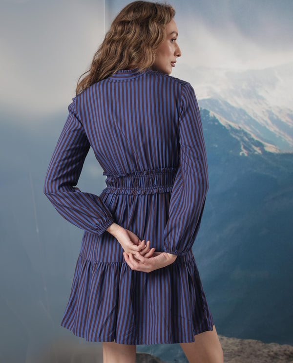 Rareism Women's Loretta Blue Viscose Fabric Mandarin Collar Button Closure Full Sleeve Striped  Mini Dress