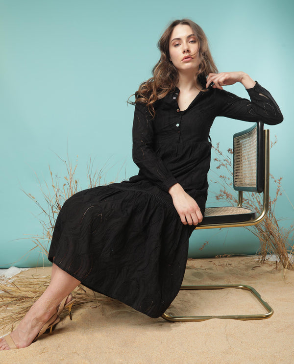 Rareism Women Darcy Black V Neck Full Sleeves Front Button Closure With Pockets Midi Dress