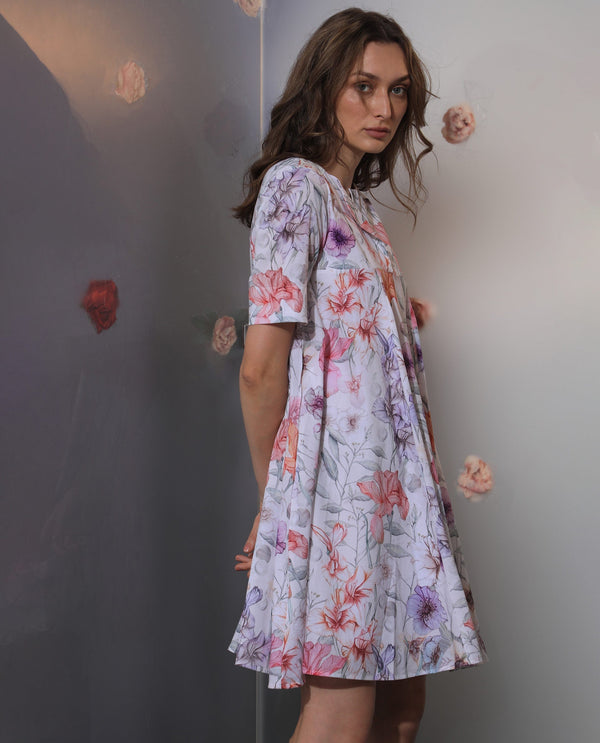 Rareism Women's Paola Multi Cotton Fabric Lapel Neck Slip-On Closure Half Sleeve Floral Print Flared Knee Length Dress