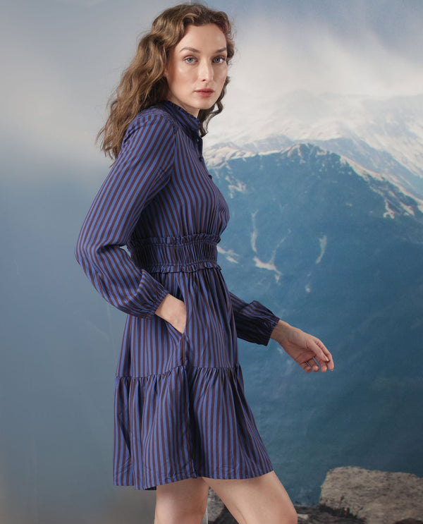 Rareism Women's Loretta Blue Viscose Fabric Mandarin Collar Button Closure Full Sleeve Striped  Mini Dress