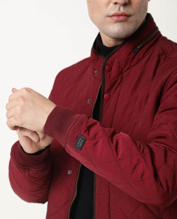 Rare Rabbit Men'S Krul Red Jacket Nylon Fabric Mandarin Collar Full Sleeves Zipper Closure Slim Fit