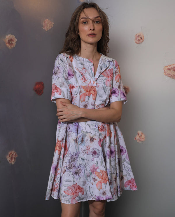 Rareism Women's Paola Multi Cotton Fabric Lapel Neck Slip-On Closure Half Sleeve Floral Print Flared Knee Length Dress