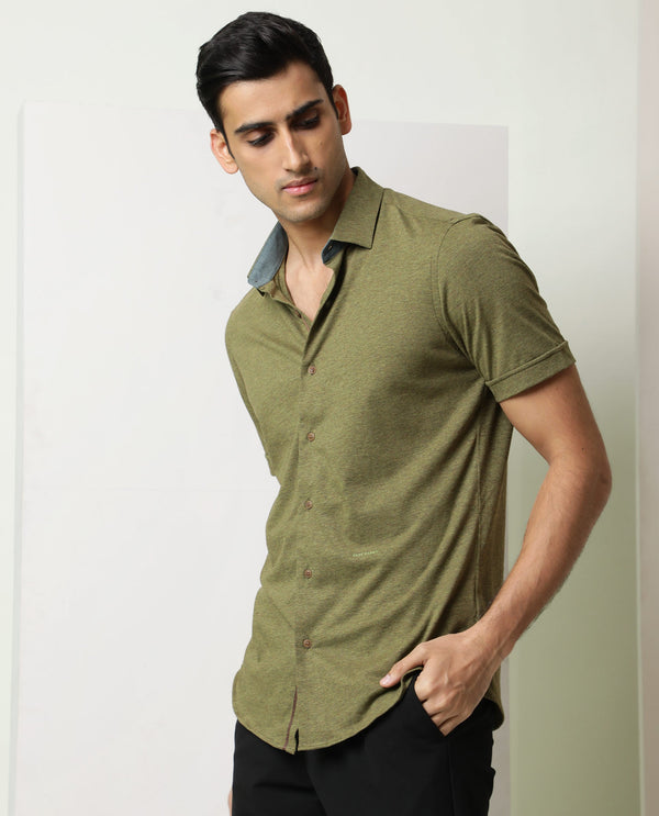 Rare Rabbit Men's Miraj Olive Cotton Fabric Half Sleeves Solid Melange Shirt