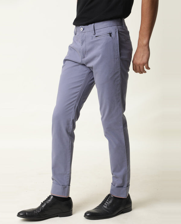 Rare Rabbit Men's Clovey Grey Cotton Fabric Button Closure Mid Rise Slim Fit Trousers