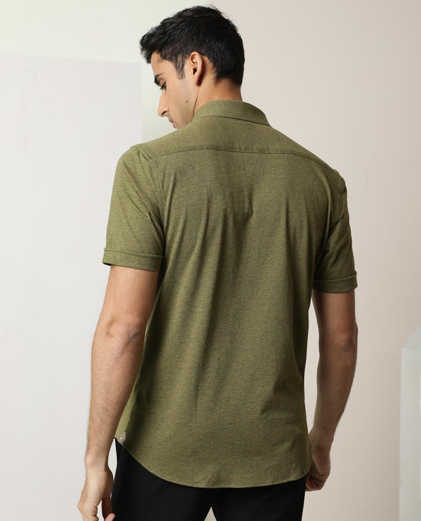 Rare Rabbit Men's Miraj Olive Cotton Fabric Half Sleeves Solid Melange Shirt