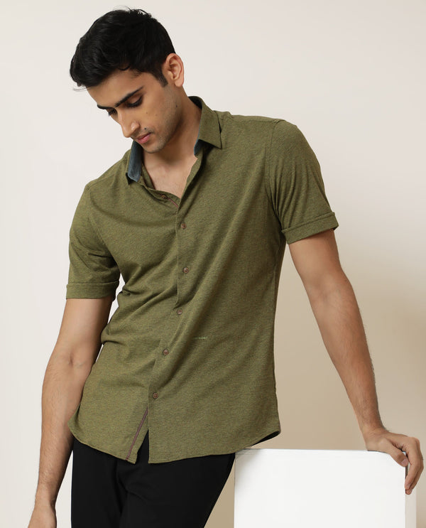 Rare Rabbit Men's Miraj Olive Cotton Fabric Half Sleeves Solid Melange Shirt