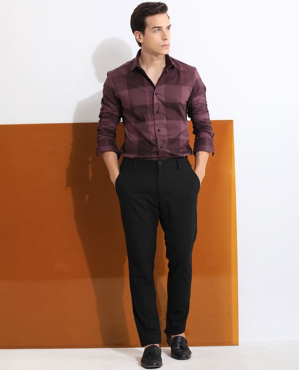 Rare Rabbit Men's Santhe Maroon Cotton Lycra Fabric Full Sleeves Regular Fit Tonal Checks Shirt