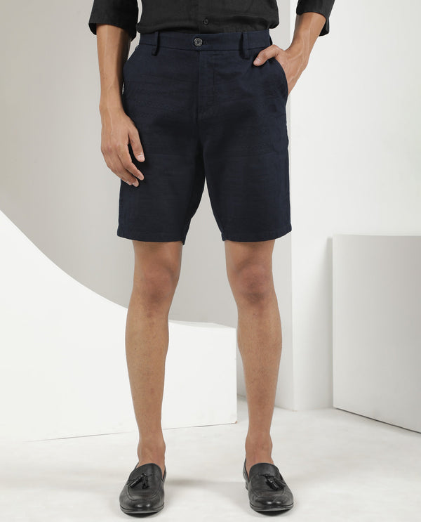 Rare Rabbit Men'S Jaky Navy Shorts Cotton Fabric Button & Zip Closure Mid Rise
