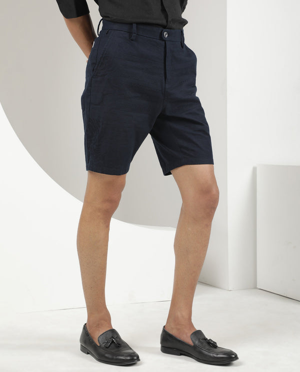 Rare Rabbit Men'S Jaky Navy Shorts Cotton Fabric Button & Zip Closure Mid Rise