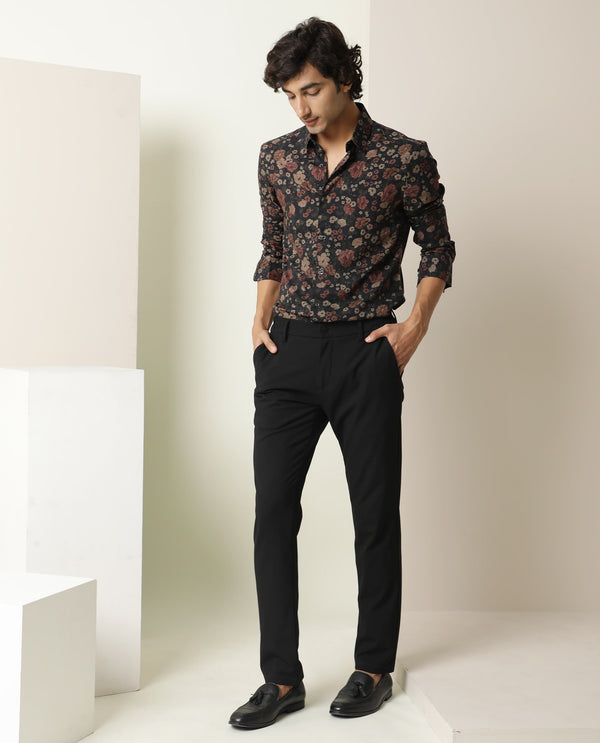 Rare Rabbit Men Vynill Black Viscose Fabric Full Sleeves Regular Fit Floral Print Shirt