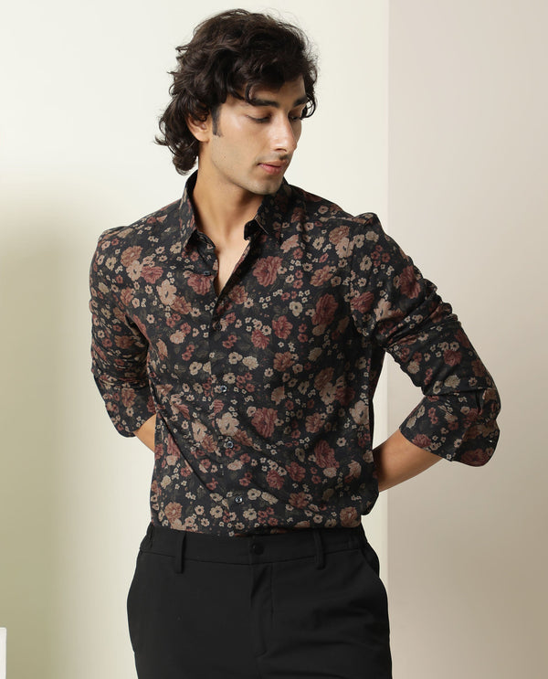 Rare Rabbit Men Vynill Black Viscose Fabric Full Sleeves Regular Fit Floral Print Shirt