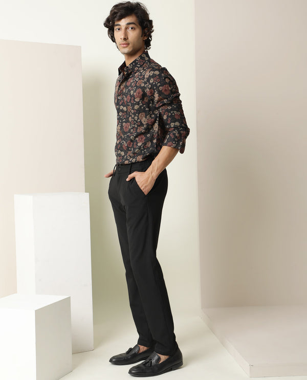 Rare Rabbit Men Vynill Black Viscose Fabric Full Sleeves Regular Fit Floral Print Shirt