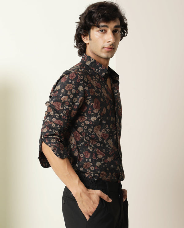 Rare Rabbit Men Vynill Black Viscose Fabric Full Sleeves Regular Fit Floral Print Shirt