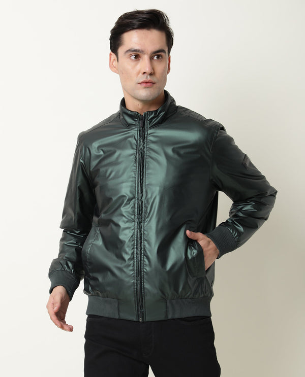 Rare Rabbit Men's Carpi Green Solid Metallic Bomber Jacket