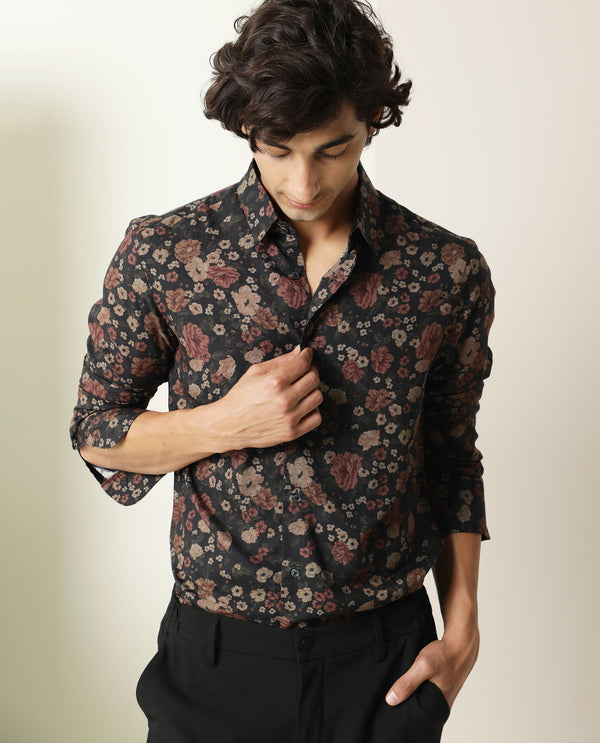 Rare Rabbit Men Vynill Black Viscose Fabric Full Sleeves Regular Fit Floral Print Shirt