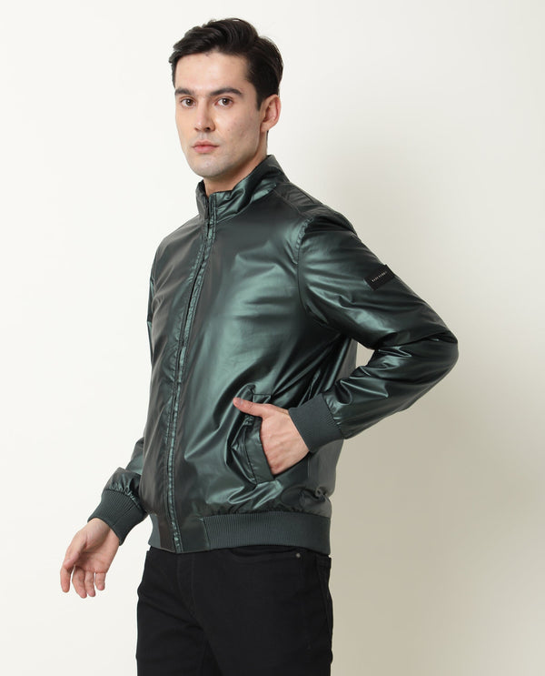 Rare Rabbit Men's Carpi Green Solid Metallic Bomber Jacket
