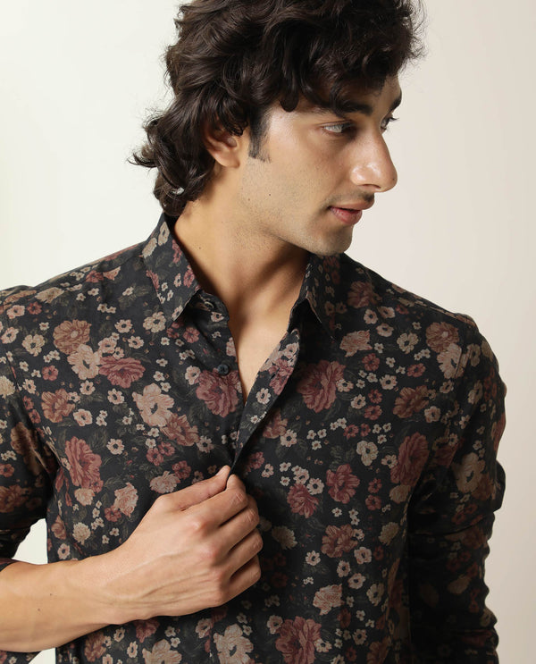 Rare Rabbit Men Vynill Black Viscose Fabric Full Sleeves Regular Fit Floral Print Shirt