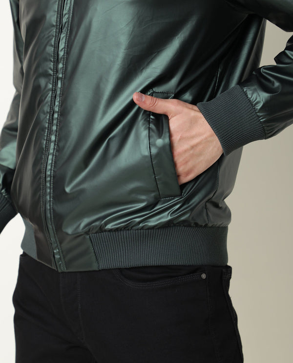 Rare Rabbit Men's Carpi Green Solid Metallic Bomber Jacket