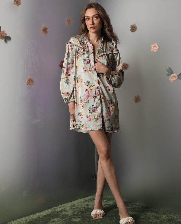Rareism Women's Penelope Beige Polyester Fabric Ruffled Neck Button Closure Full Sleeve Floral Print  Mini Dress