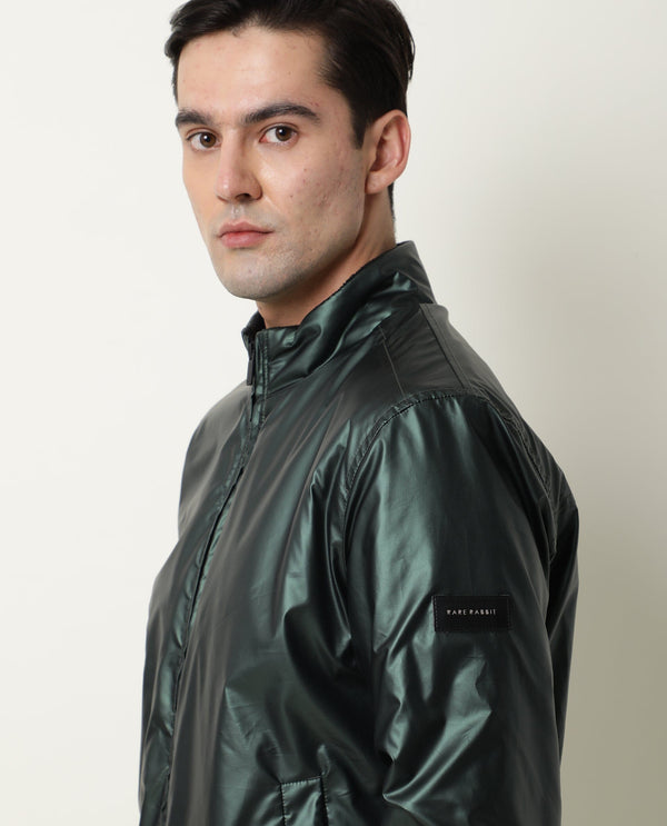 Rare Rabbit Men's Carpi Green Solid Metallic Bomber Jacket