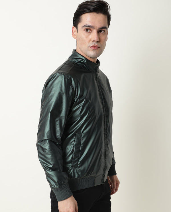 Rare Rabbit Men's Carpi Green Solid Metallic Bomber Jacket