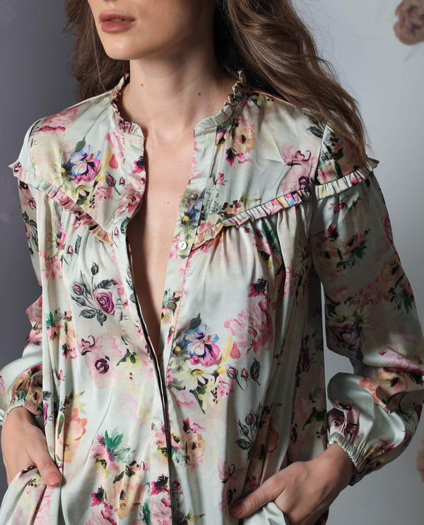 Rareism Women's Penelope Beige Polyester Fabric Ruffled Neck Button Closure Full Sleeve Floral Print  Mini Dress