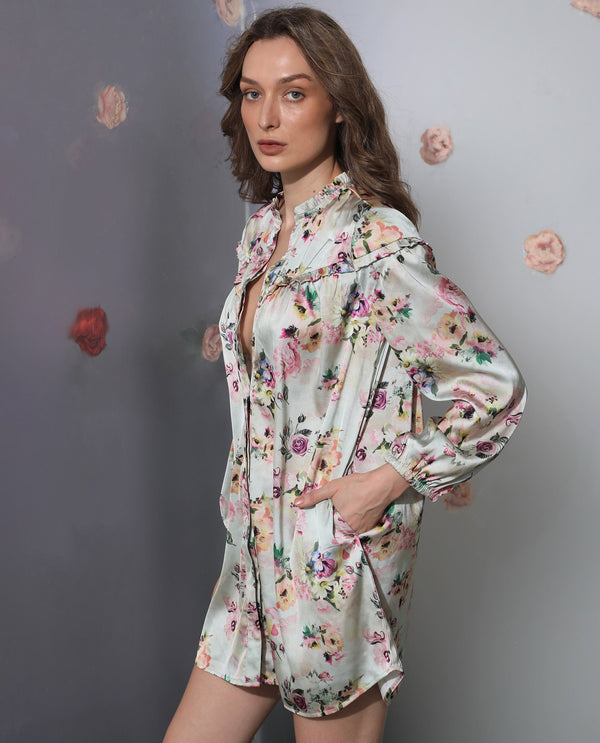 Rareism Women's Penelope Beige Polyester Fabric Ruffled Neck Button Closure Full Sleeve Floral Print  Mini Dress
