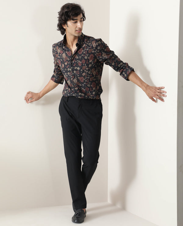 Rare Rabbit Men Vynill Black Viscose Fabric Full Sleeves Regular Fit Floral Print Shirt