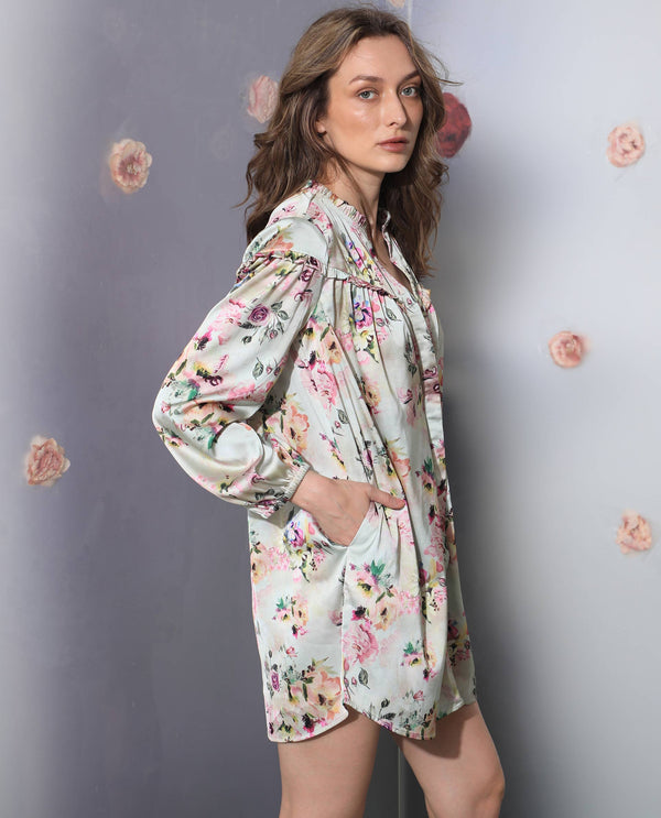 Rareism Women's Penelope Beige Polyester Fabric Ruffled Neck Button Closure Full Sleeve Floral Print  Mini Dress
