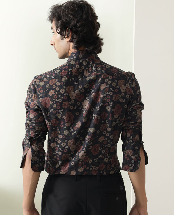 Rare Rabbit Men Vynill Black Viscose Fabric Full Sleeves Regular Fit Floral Print Shirt