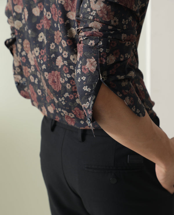 Rare Rabbit Men Vynill Black Viscose Fabric Full Sleeves Regular Fit Floral Print Shirt