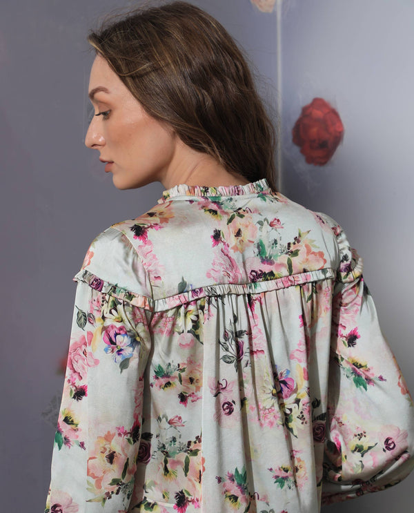 Rareism Women's Penelope Beige Polyester Fabric Ruffled Neck Button Closure Full Sleeve Floral Print  Mini Dress