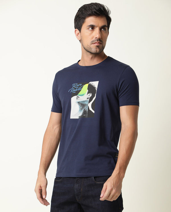 Rare Rabbit Men's Minx Navy Cotton Lycra Fabric Crew Neck Half Sleeves Regular Fit Graphic Print T-Shirt